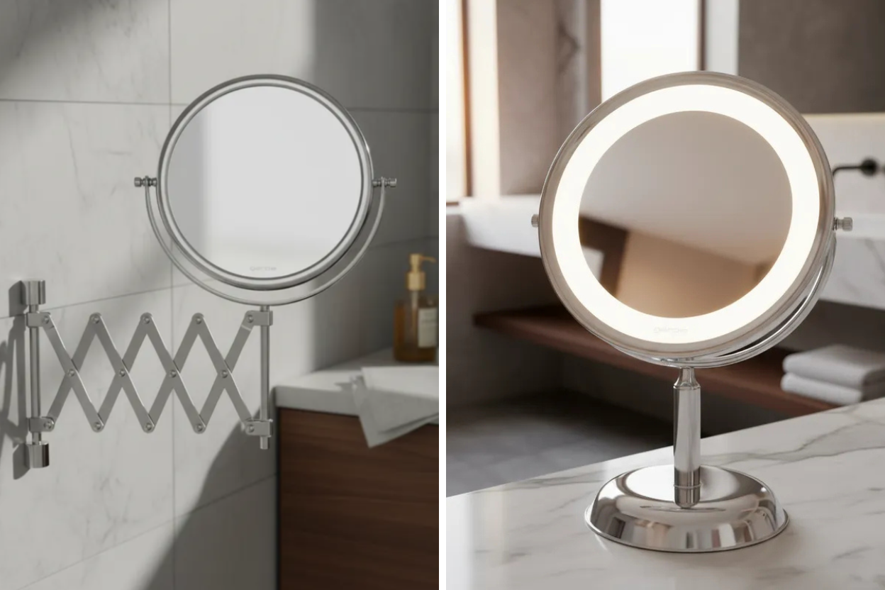Diferença visual entre espelho sem LED e com iluminação LED profissional para maquiagem e cuidados faciais precisos
