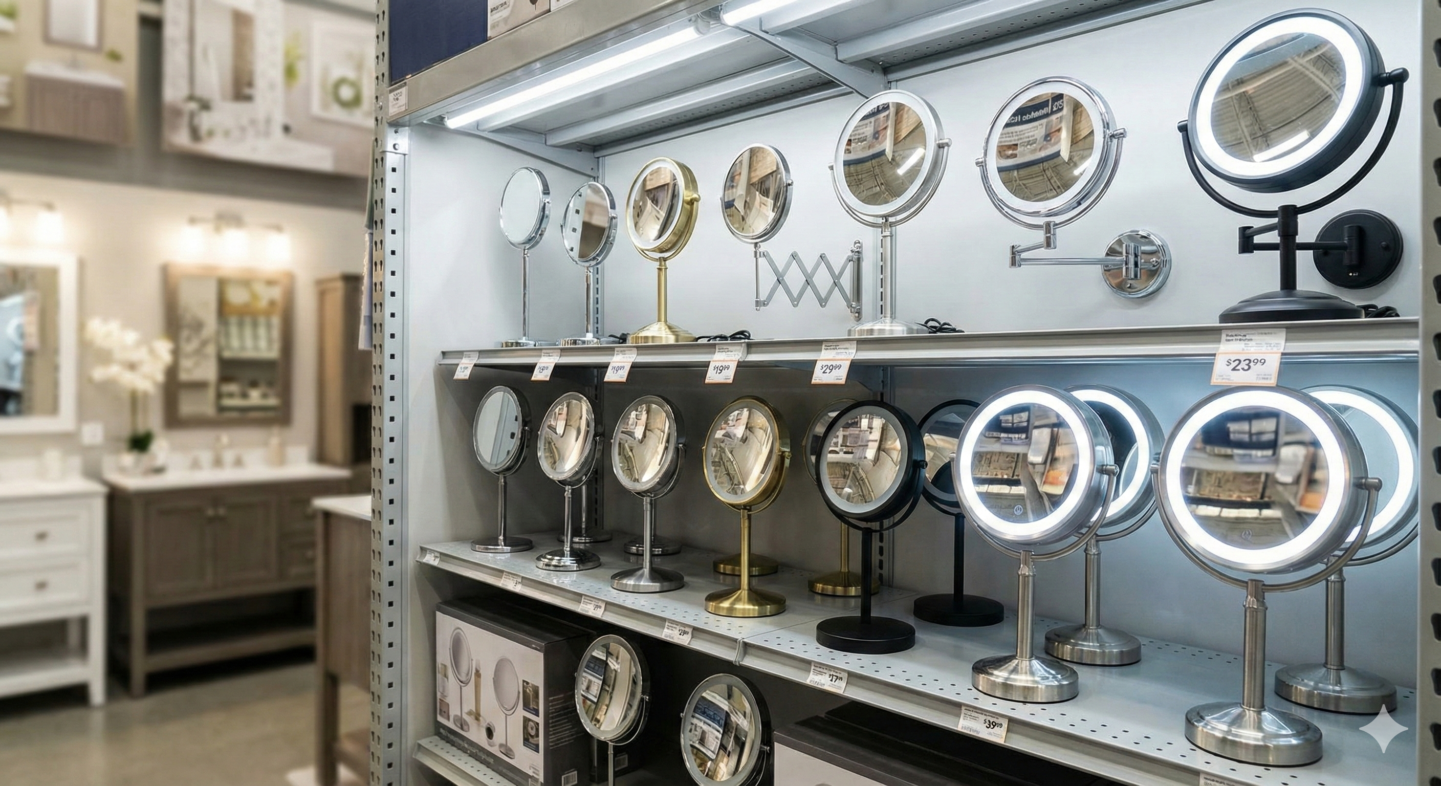 Gôndola de loja com espelhos de aumento cosméticos em diferentes modelos e tamanhos