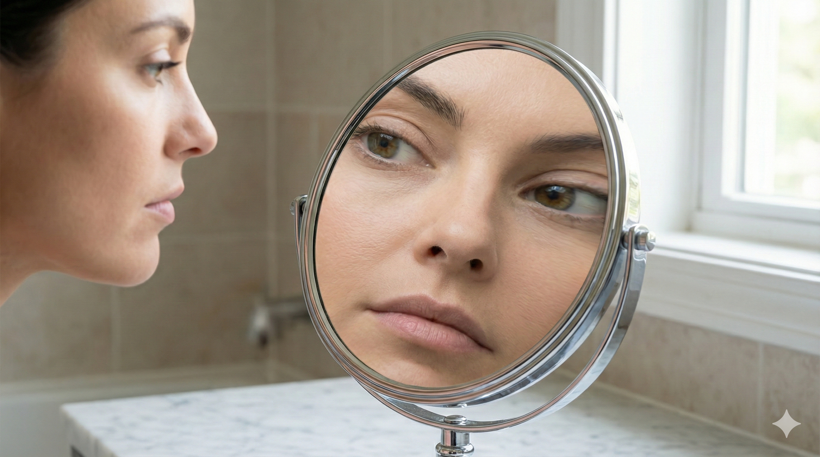 mulher se enxergando em espelho com aumento do reflexo distorcido