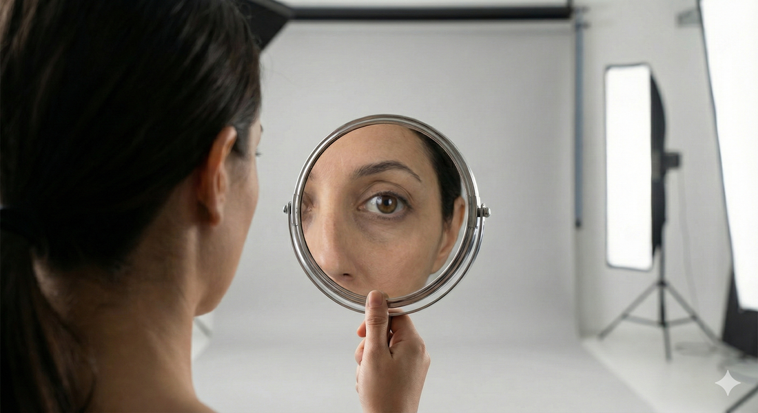 Mulher segurando um espelho para maquiagem de aumento com design redondo, refletindo com baixa precisão e detalhamento falho o close do olho em um ambiente de estúdio profissional.