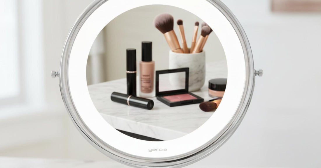 Espelho de maquiagem com iluminação LED revelando cores reais de produtos de beleza em bancada