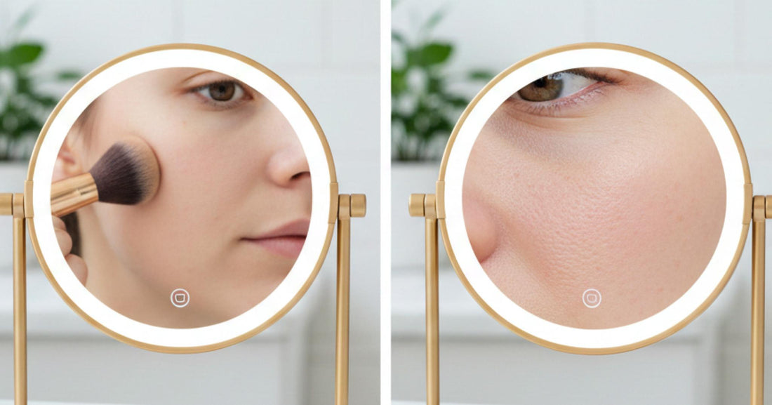 Comparativo entre reflexo natural em espelho 5x e reflexo distorcido em magnificação extrema de 20x
