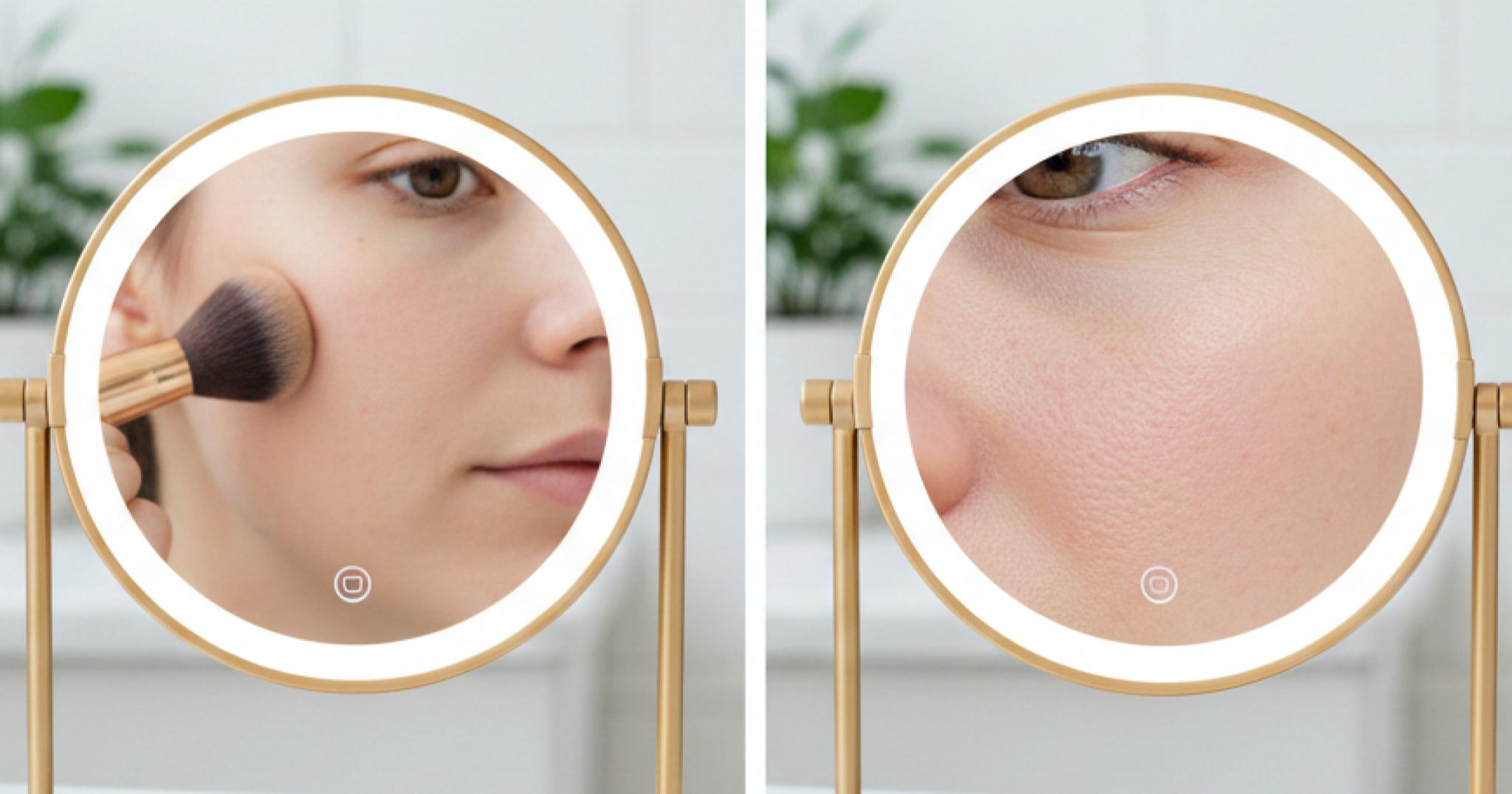 Comparativo entre reflexo natural em espelho 5x e reflexo distorcido em magnificação extrema de 20x