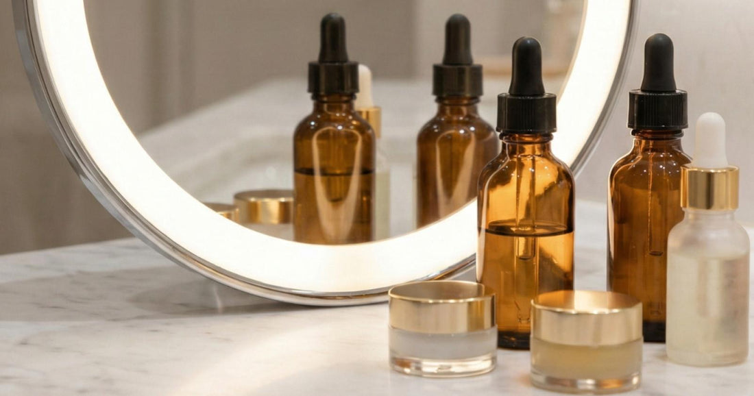 Produtos de skincare refletidos em espelho de aumento iluminado sobre bancada de mármore branco