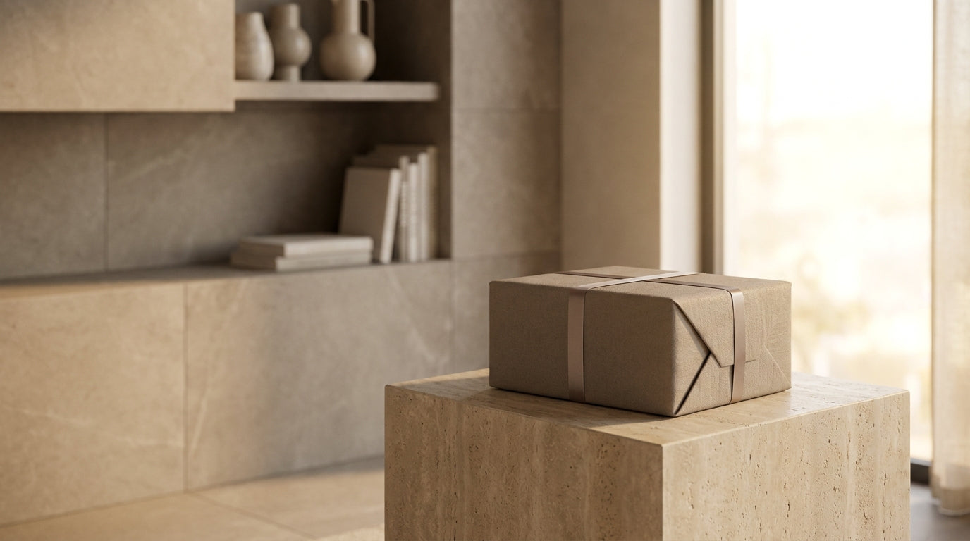 Presente elegante embrulhado sobre superfície de pedra contemporânea