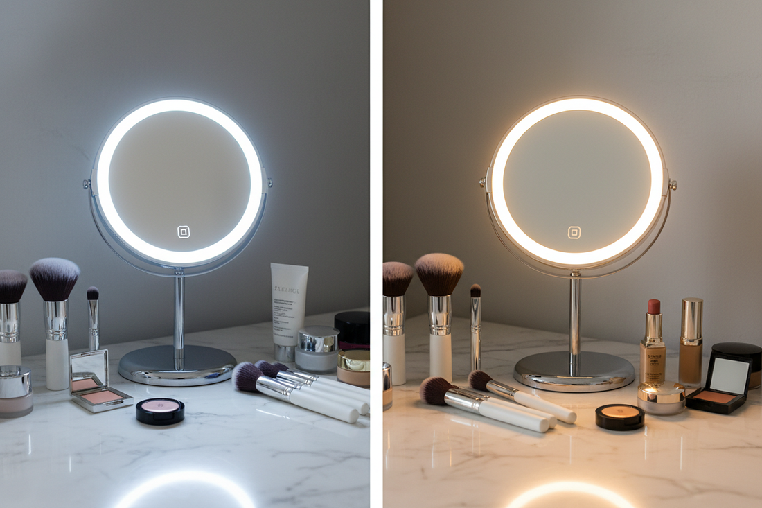Espelho de maquiagem mostrando diferença entre iluminação LED branca fria e LED quente para aplicação precisa