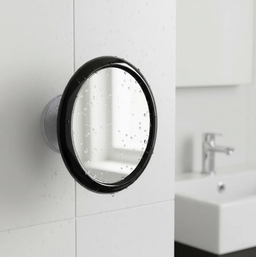 Espelho de aumento fixado por ventosa na parede do banheiro, com moldura preta e superfície refletiva com gotas de água, posicionado ao lado de uma pia branca com torneira cromada em um ambiente claro e moderno.