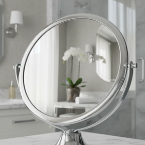 Espelho de aumento para maquiagem, redondo, de mesa cromado, refletindo orquídea e interior do banheiro.