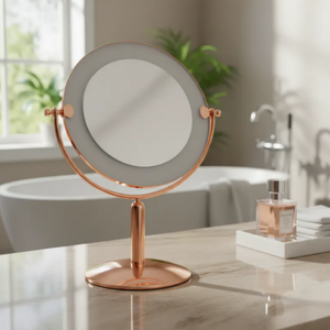 Espelho de aumento para maquiagem com LED, redondo, de mesa Red Gold, em bancada de mármore com banheira ao fundo.