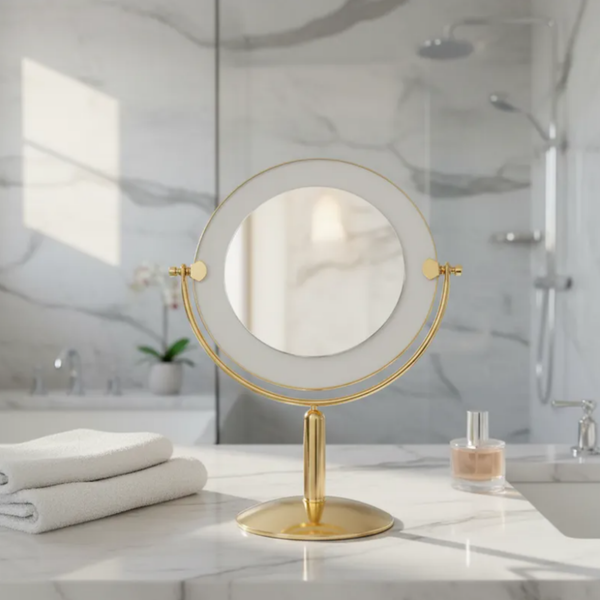 Espelho de aumento para maquiagem com LED, redondo, de bancada com acabamento Gold, moldura em acrílico transparente, sobre bancada de mármore com toalhas e chuveiro ao fundo