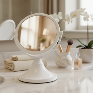 Espelho de aumento para maquiagem, redondo, de mesa, acabamento branco, sobre bancada de banheiro, com foco no espelho central.