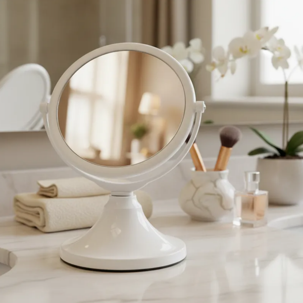 Espelho de aumento para maquiagem, redondo, de mesa, acabamento branco, sobre bancada de banheiro, com foco no espelho central.