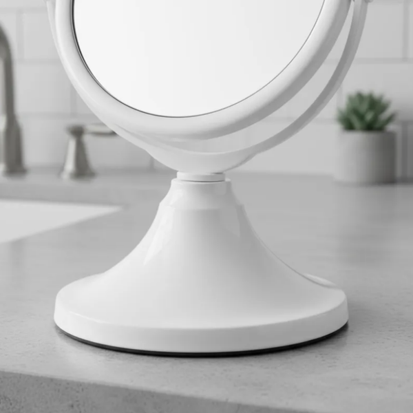 Espelho de aumento para maquiagem, redondo, de mesa, acabamento branco, sobre bancada de banheiro, com foco na base do espelho.