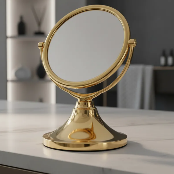 Espelho de aumento para maquiagem, redondo, de mesa, acabamento gold, posicionado sobre bancada de closet, destaque para base metálica elegante.