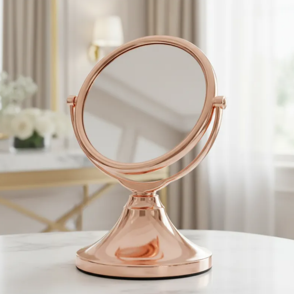Espelho de aumento para maquiagem, redondo com acabamento em Red Gold, de mesa com base clássica, em fundo branco.