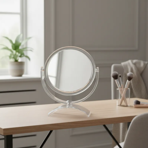 Espelho de aumento para maquiagem, redondo, de mesa, acabamento cristal, em penteadeira, com foco no espelho central.
