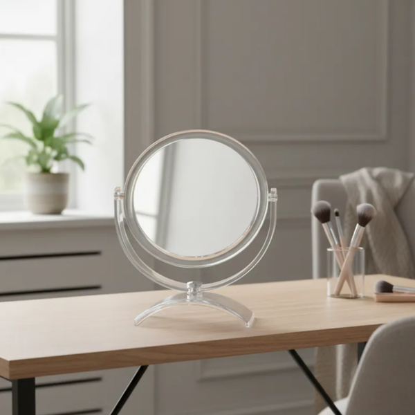 Espelho de aumento para maquiagem, redondo, de mesa, acabamento cristal, em penteadeira, com foco no espelho central.