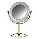 Espelho de aumento para maquiagem, redondo, de mesa, acabamento em gold com aro em acrílico transparente, isolado em fundo transparente. #gold