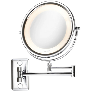 Espelho com aumento para maquiagem com LED,  redondo com braço extensível e com acabamento cromado.