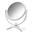 Espelho de aumento para maquiagem, redondo, de mesa com base curva, acabamento na cor branca, isolado em fundo transparente. #branco