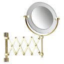 Espelho de aumento de maquiagem, redondo com moldura em acrílico, braço pantográfico modelo sanfona de parede, com acabamento gold em fundo transparente. #gold