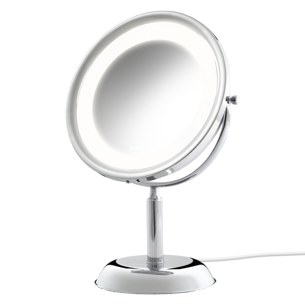 Espelho de aumento para maquiagem com LED, redondo, de mesa cromado, sobre bancada de mármore próximo à pia. #cromo