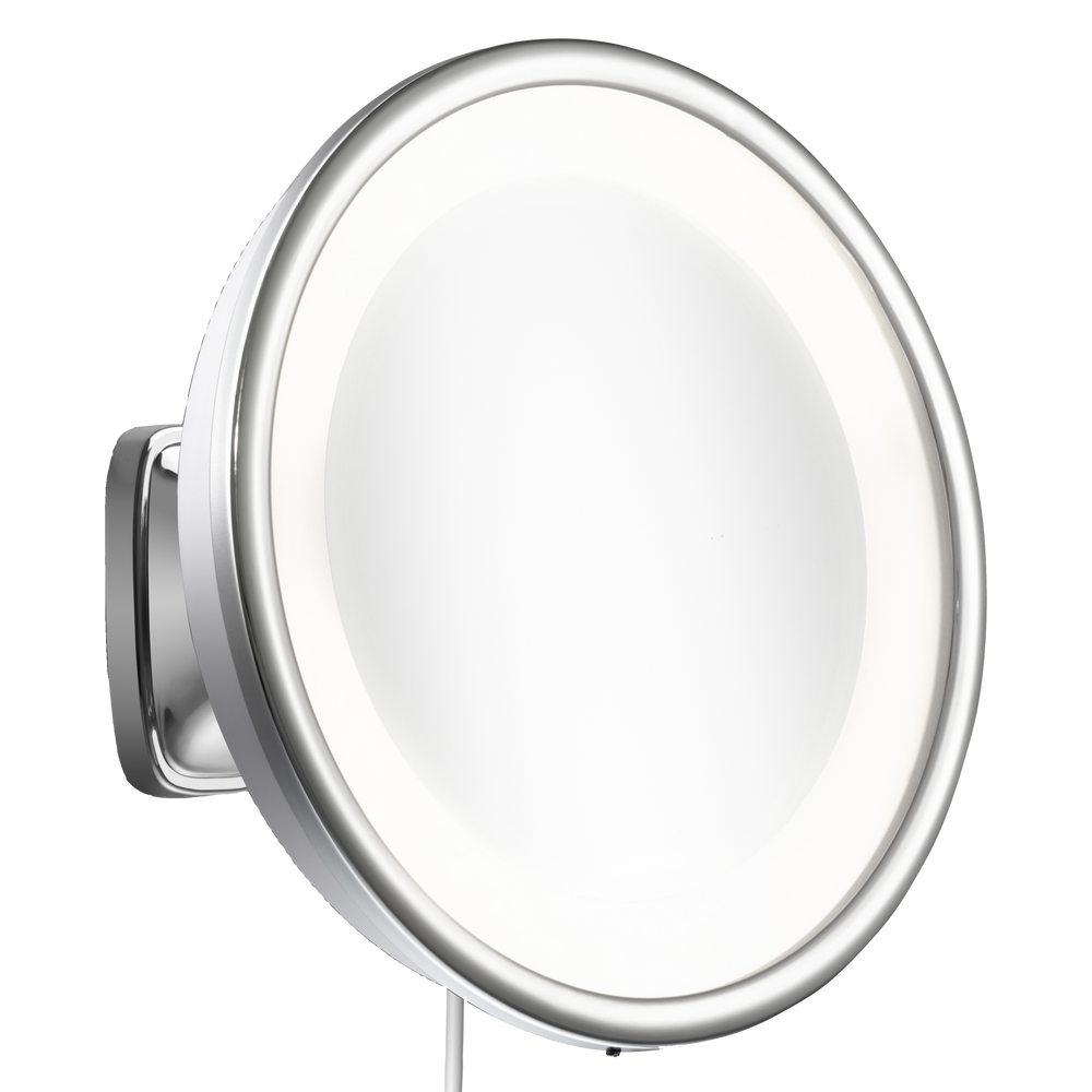 Espelho de aumento para maquiagem com LED, redondo, de parede cromado, detalhe lateral em banheiro. #cromo