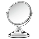 Espelho de aumento para maquiagem, redondo com acabamento cromado, dupla-face em fundo transparente. #cromo