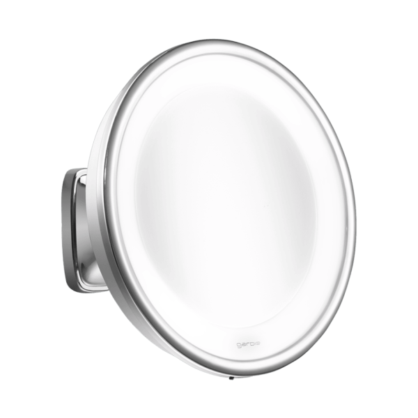 Espelho de aumento para cuidados faciais com Ø190mm ponto focal de 30cm. Possui ring light com IRC 95%, bi-volt com 2 cores (quente e fria), suporte para parede e articulação esférica.