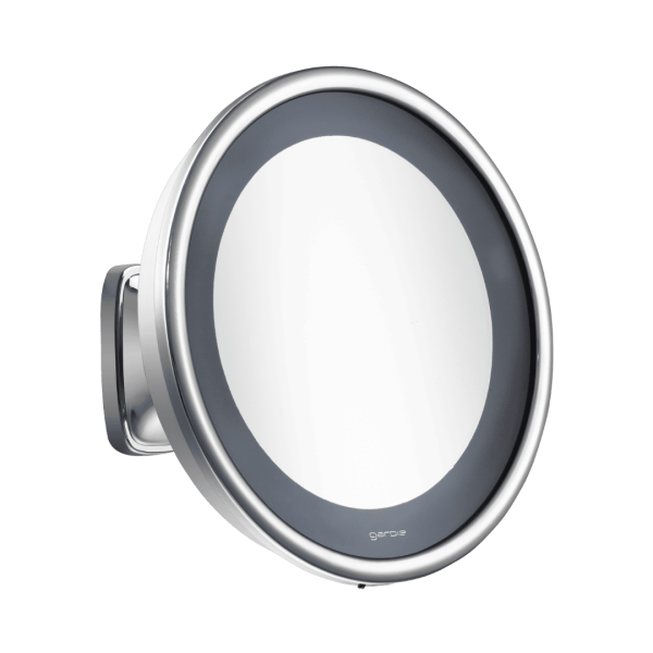 Espelho de aumento para cuidados faciais com Ø190mm ponto focal de 30cm. Possui ring light com IRC 95%, bi-volt com 2 cores (quente e fria), suporte para parede e articulação esférica.